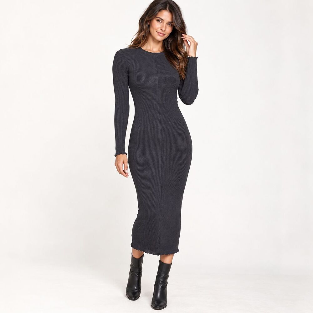 Sweaty Betty Ribbed Long Sleeve Midi Dress US 4 Urban Grey Bodycon Stretch